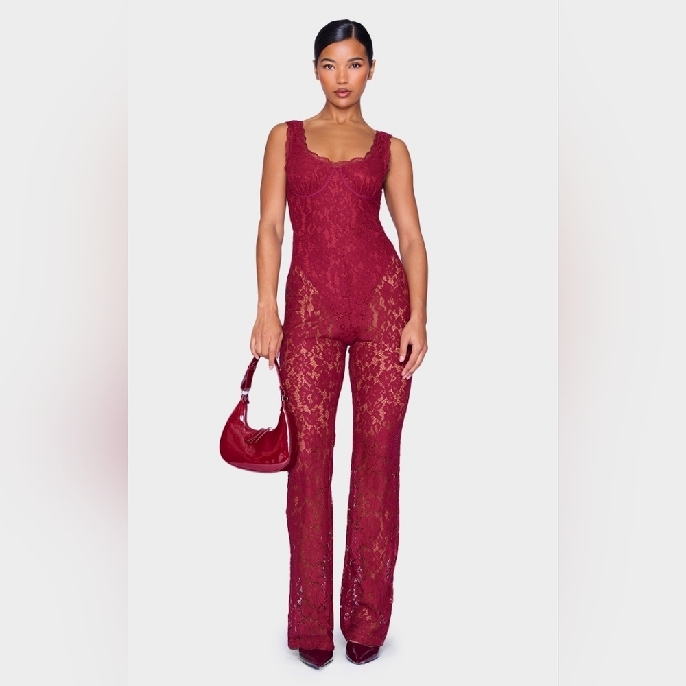 Burgundy Lace Boning Detail Strappy Flared Jumpsuit